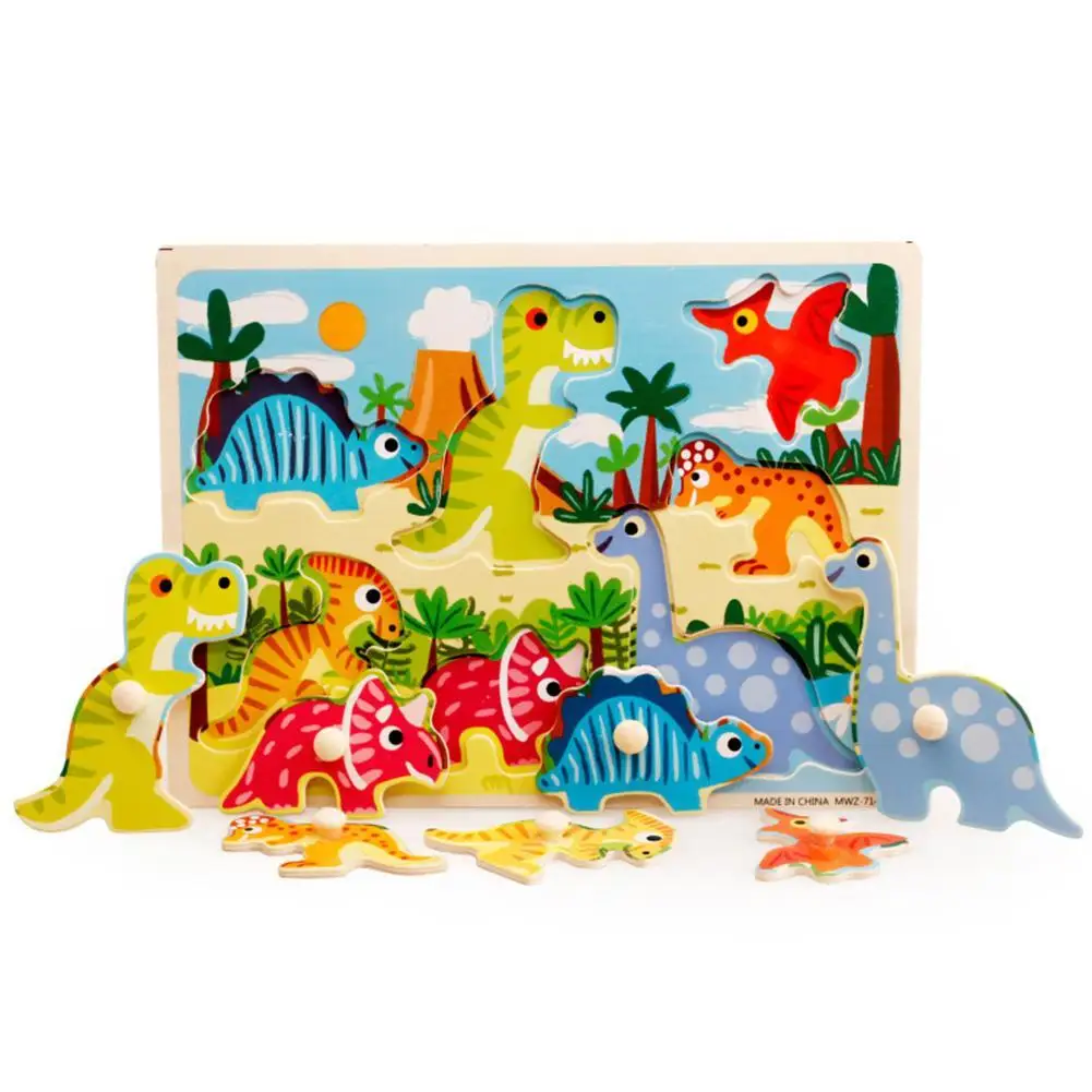 

Unisex Cartoon Traffic Dinosaur Wooden Jigsaw Puzzle Board Kids Educational Toy Learn Cartoon Animal Intelligence Jigsaw Puzzle