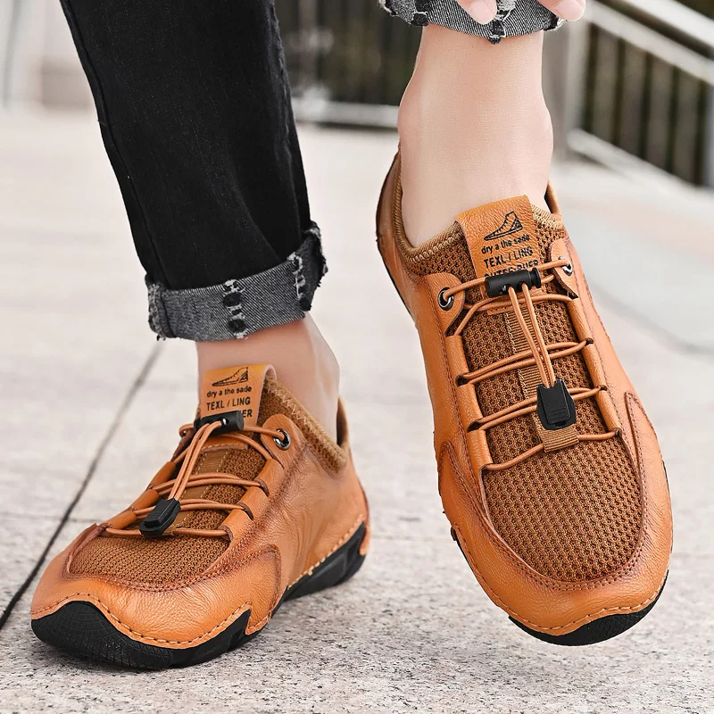 

Summer Mesh Breathable Octopus Shoes Ultra-light Mens Leather Casual Shoes Handmade Big Size Flat Loafers Slip-on Driving Shoes