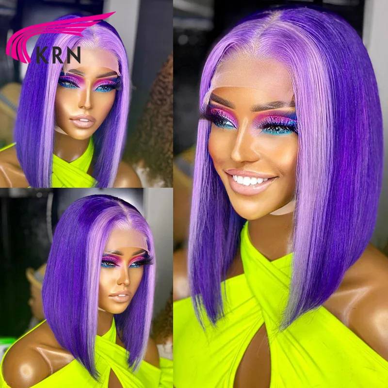 

KRN Highlight Wig Short Bob 13x1 Transparent Lace Part Wig Brazilian Remy Natural Hairline Purple Human Hair Wigs For Women