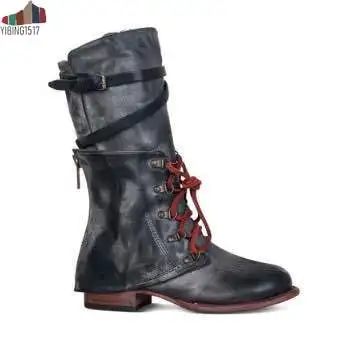 

Women shoes autumn winter pu leather lace up boots mid calf ladies vintage buckle strap zip platform riding boots zapatos mujer