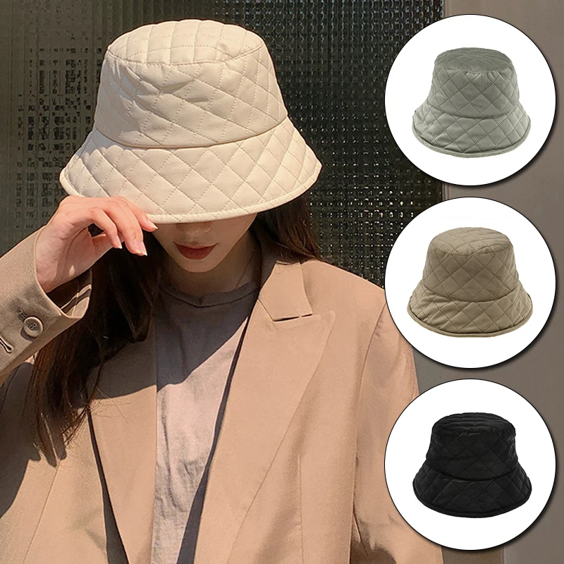 

1PCS women's quilted basin hat solid color wild diamond lattice fisherman hat fashion flat top polyester warm solid color hat