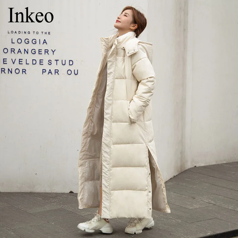 

Large size Elegant women winter padded coat Warm 2021 Women Hooded X-long Female Split Jacket Thick Khaki Outwear INKEO 1O050