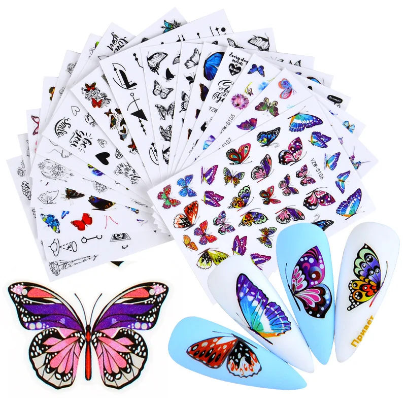 

1Pcs New Watercolor Butterflies Adhesive Nails Sticker Colorful Nail Art Decoration Flower Leaves Nail Foils Manicure Stickers
