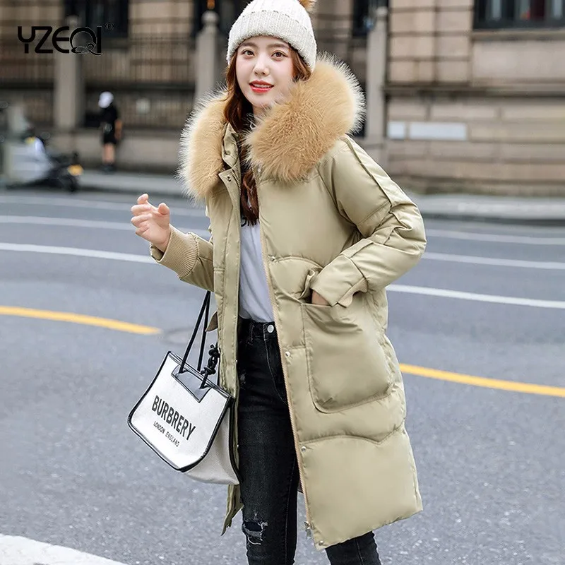 

Зимняя женская куртка Yzeqi, теплые флисовые пуховики с капюшоном, длинная стеганая куртка, толстые парки с большим меховым воротником, зимняя верхняя одежда