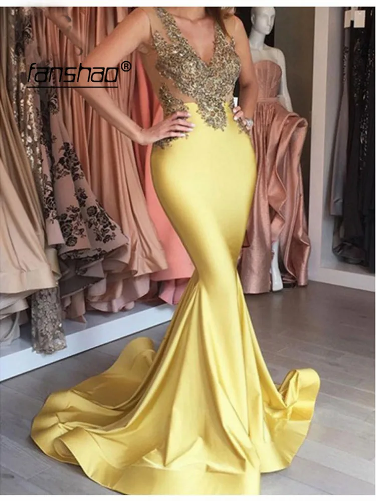 Желтый мусульманские Вечерние платья с золотистой отделкой Русалка прозрачная