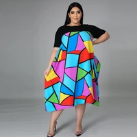 color grid geometric print elegant maxi dress casual womens dresses summer dresses for women short sleeve t shirt vestido robe