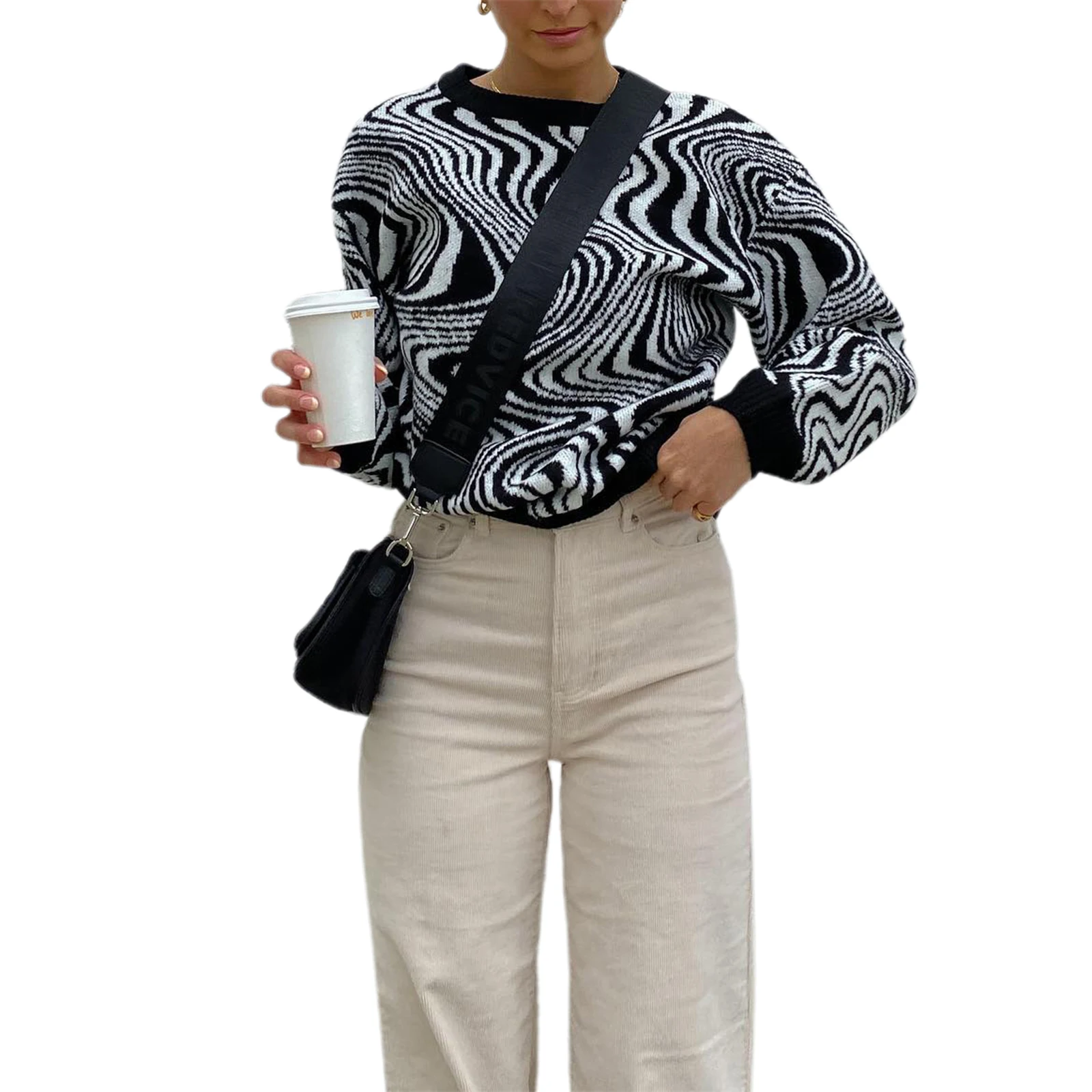 

Дышащая трикотажная одежда с длинным рукавом для девочек, повседневные креативные вязаные топы с волнистым круглым воротником, свободный с...