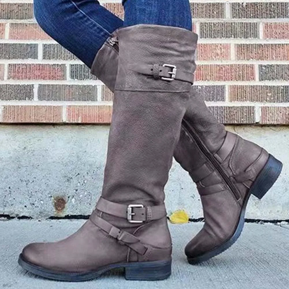 

BONJOMARISA Big Size 43 Retro Lady Round Toe Buckle Mid Calf Boots Buckle Low Heel Boots Women Autumn Winter Zipper Shoes Woman
