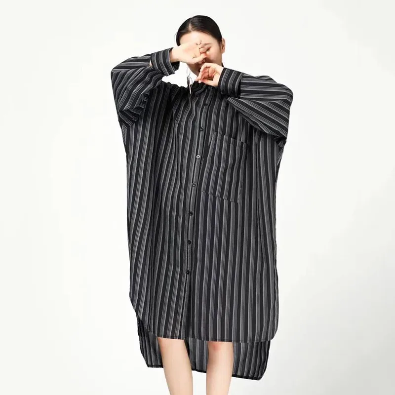 Женское платье в полоску с отложным воротником и рукавом фонариком|Женские