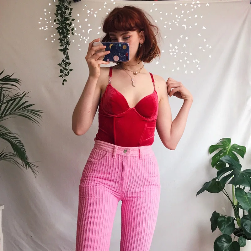 Брюки-карандаш женские вельветовые розовые в Вертикальную Полоску с карманами