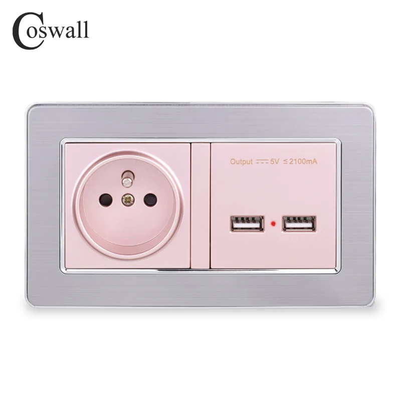Gold COSWALL настенная розетка, французский стандарт, розетка с двумя USB, умный индукционный порт зарядки, 5 В, 2.1A выход, панель из нержавеющей стали - Тип: Gold