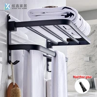 bathroom towel rack punch free shower room holder wall mounted matte black aluminum folding storage shelf with hook accessories