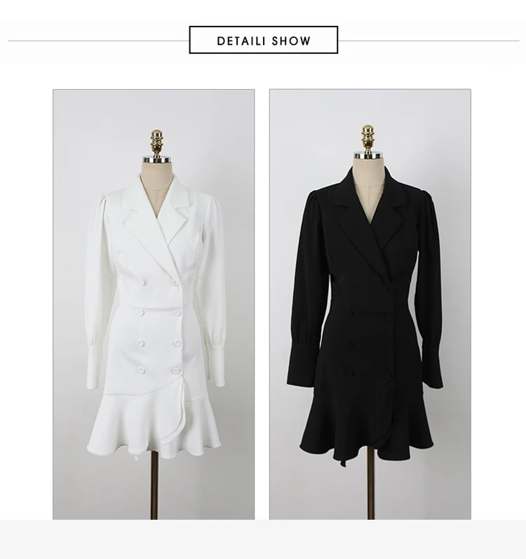 

2020 Korea Slim Notched Double Breasted Ruffles Mini Bodycon Vestidos Fishtail Solid Sexy Office Female Dresses