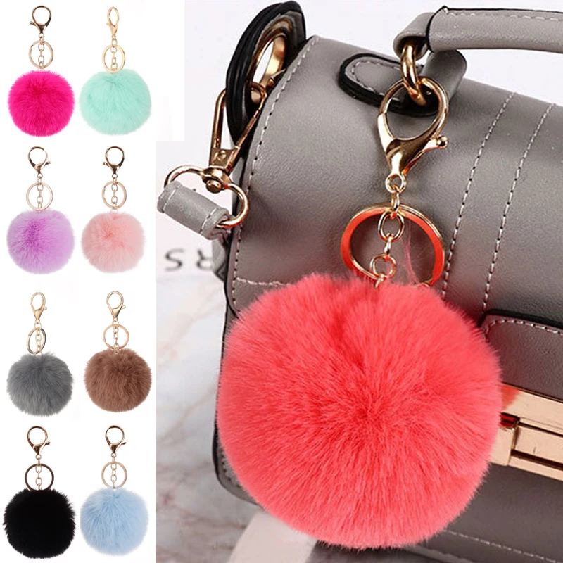 

Artificial Rabbit Fur Plush KeyChain Fluffy Fur Ball Pompom Keychain Car Bag Key chains KeyRing Pendant Jewelry Party Gift 8cm