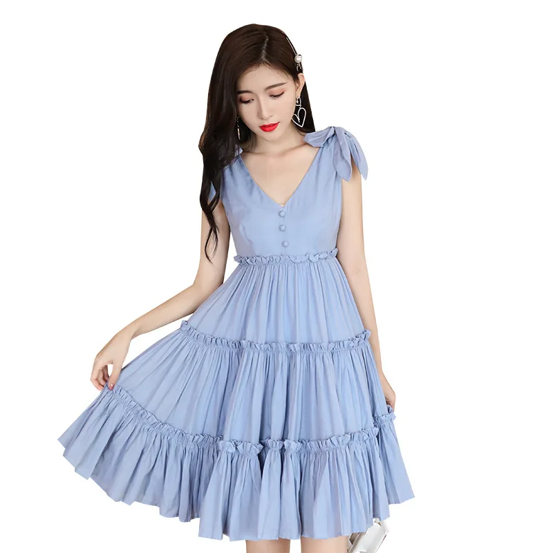 

women blue sexy Summer 2020 new temperament casual super fairy forest v-neck bow strap suspender dress sexy dress