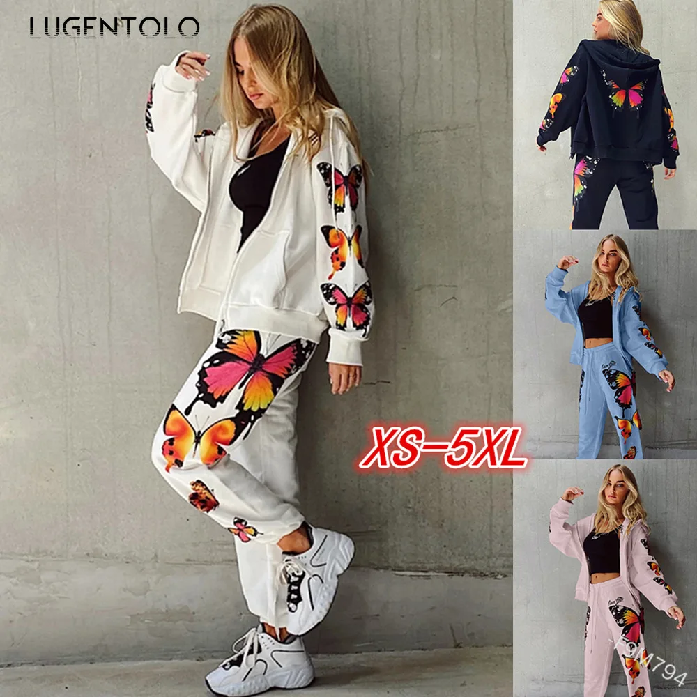 

Lugentolo Two Piece Set Women Butterfly Print Hooded Long Sleeve Zipper Tops Long Pants Casual Sport Suit Female Sets