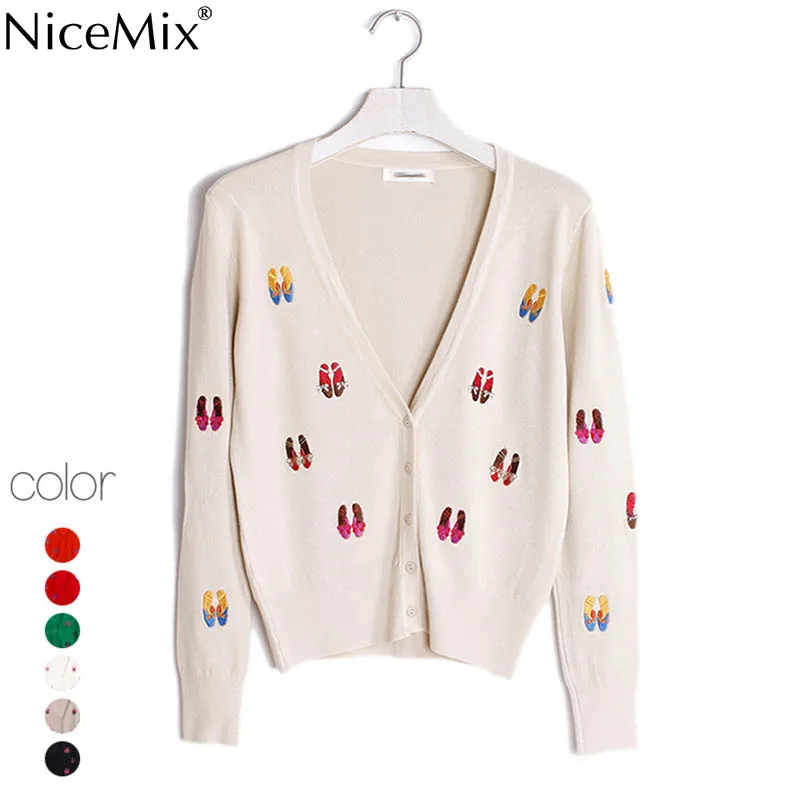 Осенний вязаный кардиган NiceMix 2020 Женское пальто облегающие кардиганы с вышивкой
