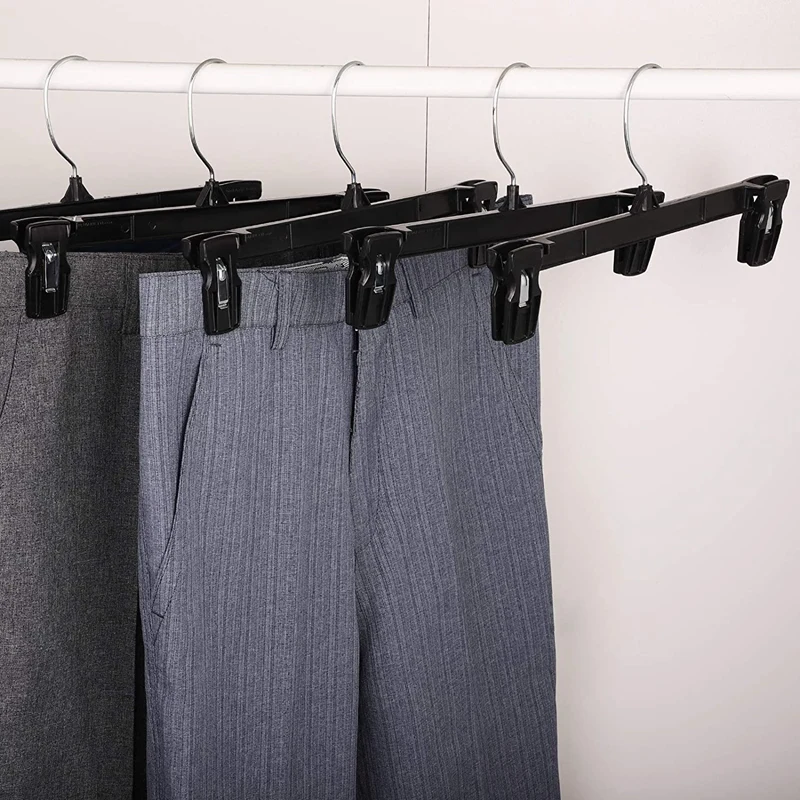 

Pants Hangers Black Plastic Skirt Hanger with Non Slip Big Clips and Rotatable Hook Durable and Sturdy Plastic Hanger
