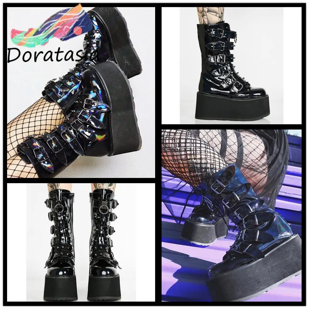 DORATASIA INS Brand Punk Gothic Zipper Buckle Rivit Thick Heel Platform women's Boots Cool Cosplay Women Motorcycle | Обувь