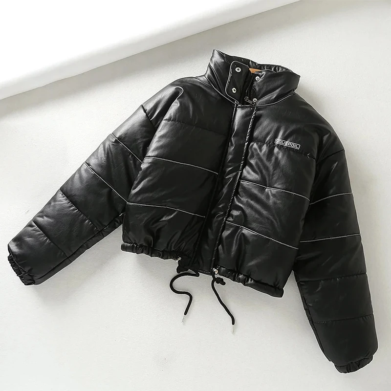 Куртка женская зимняя из искусственной кожи со светоотражающей хлопковой