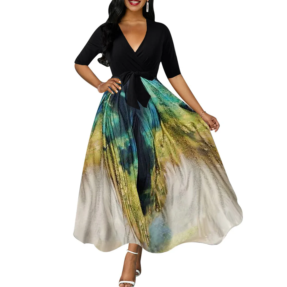 

2021 новое облегающее платье с принтом, платье с v-образным вырезом, длиной до щиколотки, расклешенное платье