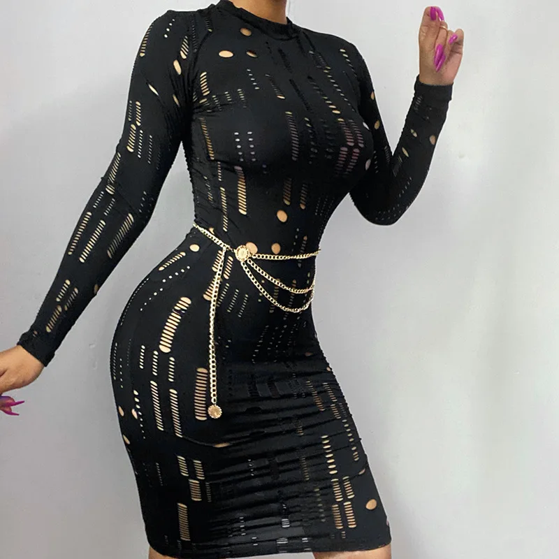 

Autumn Long Sleeved Dress for Women 2021 Sexy Hollow Jacquard Fashion O-Neck Solid Color Bodycon Midi Dress Party Clubwear Black