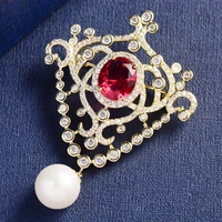 fashion sparkling cubic zirconia pearl drop vintage brooches for women high quality gold plated metal coat suit lapel pins