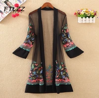 new women floral embroidered long jacket summer net cardigan casual long sleeved thin coats ladies vintage beach white outerwear