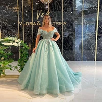 light green fashion elegant exquisite evening dress a line floor length ball gown off the shoulder applique prom dress plus size