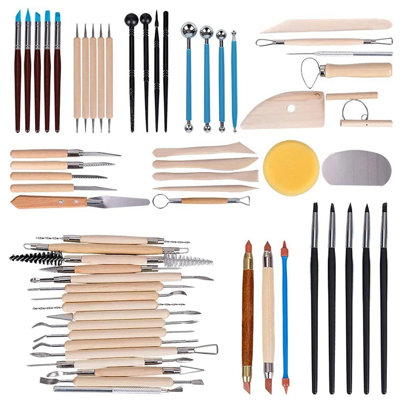 

WSFS Hot 61Pcs Pottery Tools Clay Sculpting Tools Wooden Handle Pottery Carving Tool Set Clay Cleaning Tools Kits Rock Painting