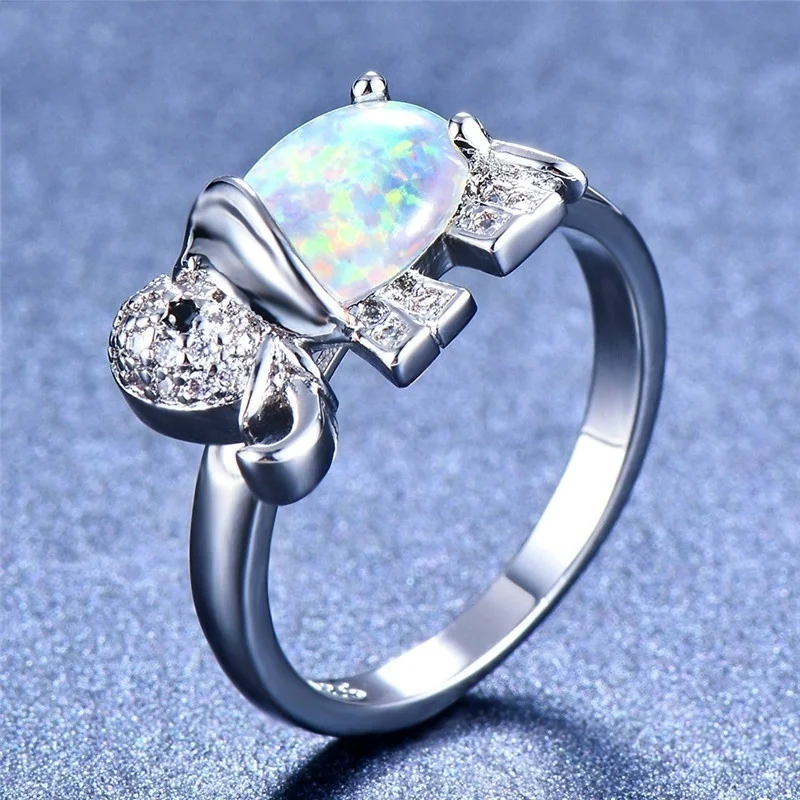 

New Women's Luxury Creative Opal Elephant Animal Rings Romantic Banquet Wedding Popular Rainbow Birthstone Jewelry Wedding Gift