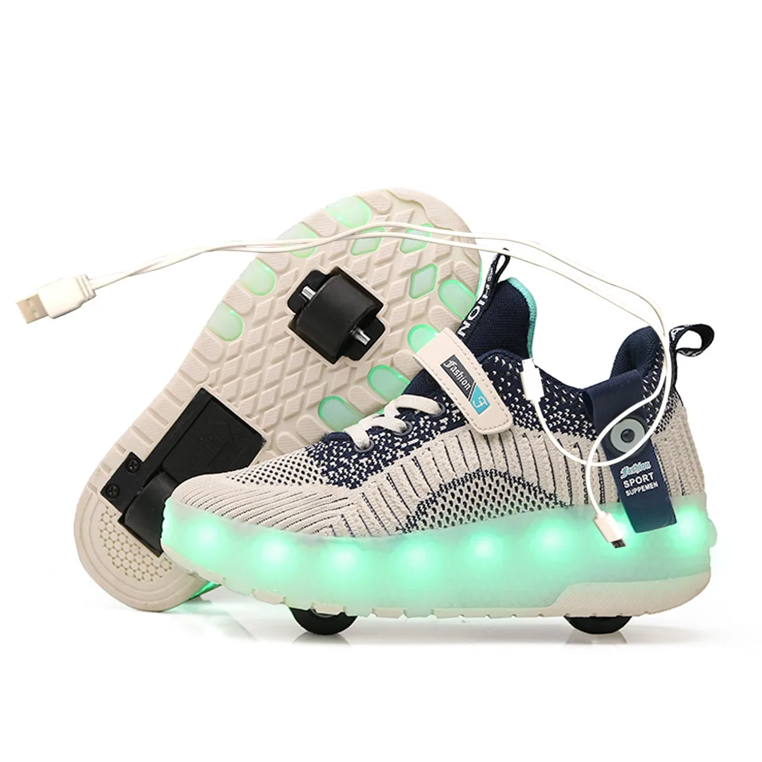 Два Белый светодиодный usb заряжающий ролик обувь синего и розового цвета