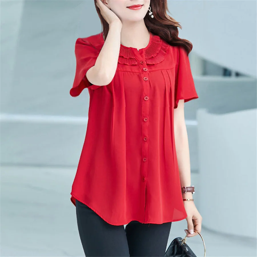 

Women Blouses Basic Selling Button Solid 2020 summer short Sleeve Shirt Female Chiffon Women's Slim Clothing Plus Size Tops