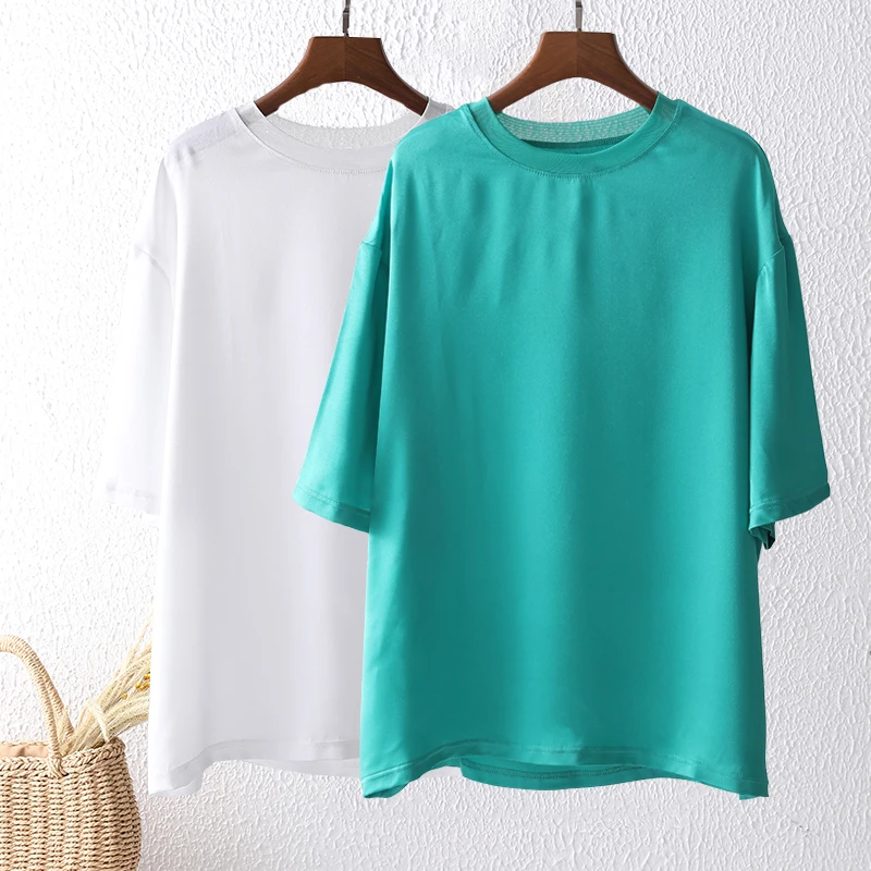 

Green Chiffon Tops Shirt 2021 for Women Women's Summer Blouse with Short Sleeves Elegant White O-Neck Satin Silk Blouse Basic