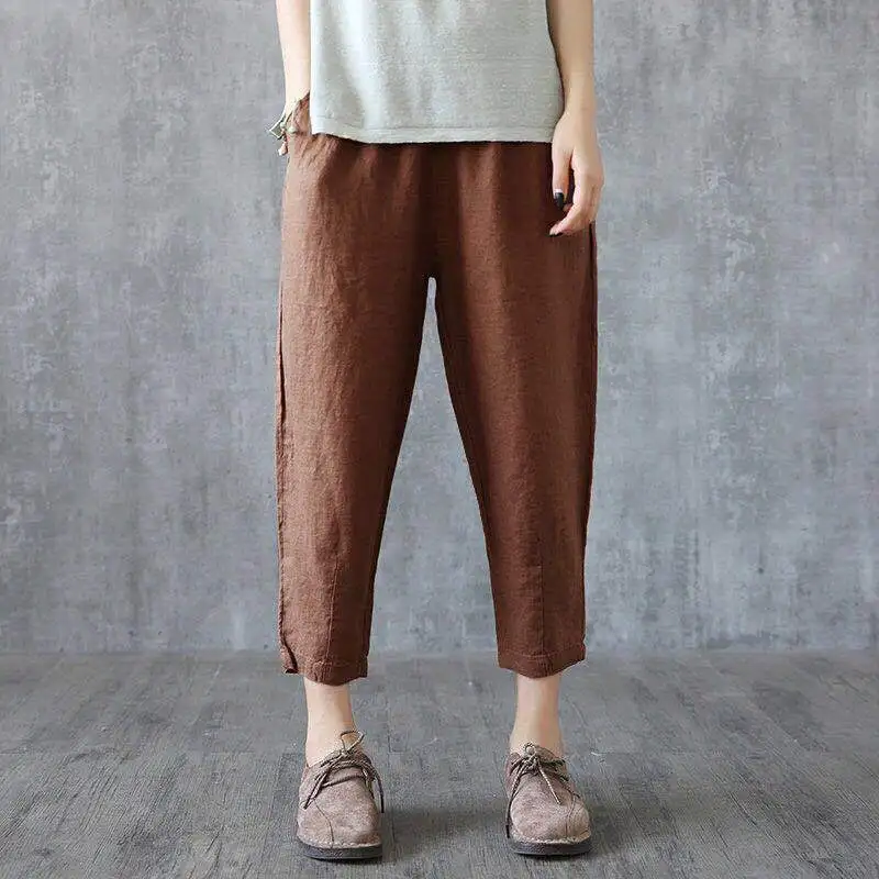 Chinese Style Cotton Pants Summer Ankle-length Women's Loose Casual Femal Trousers Harem Elastic Waist Solid | Женская одежда