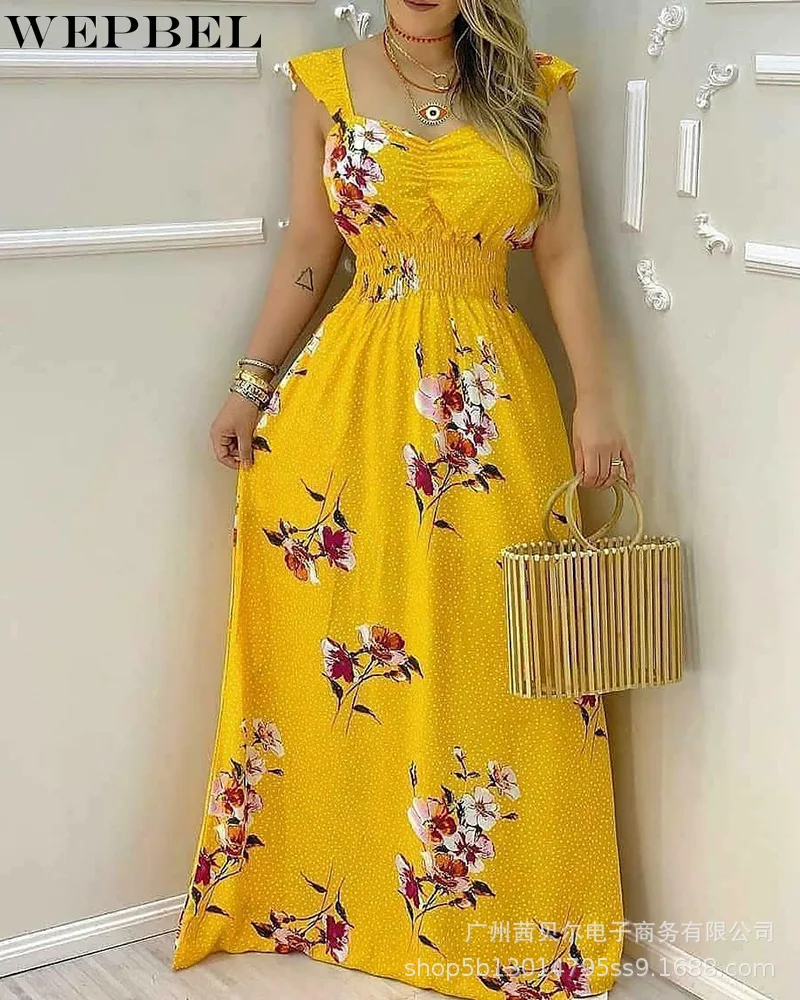 

WEPBEL Women Sexy Floral Print Maxi Dress Ladies Elegant Sleeveless Halter Square Collar High Waist Corset Long Dress