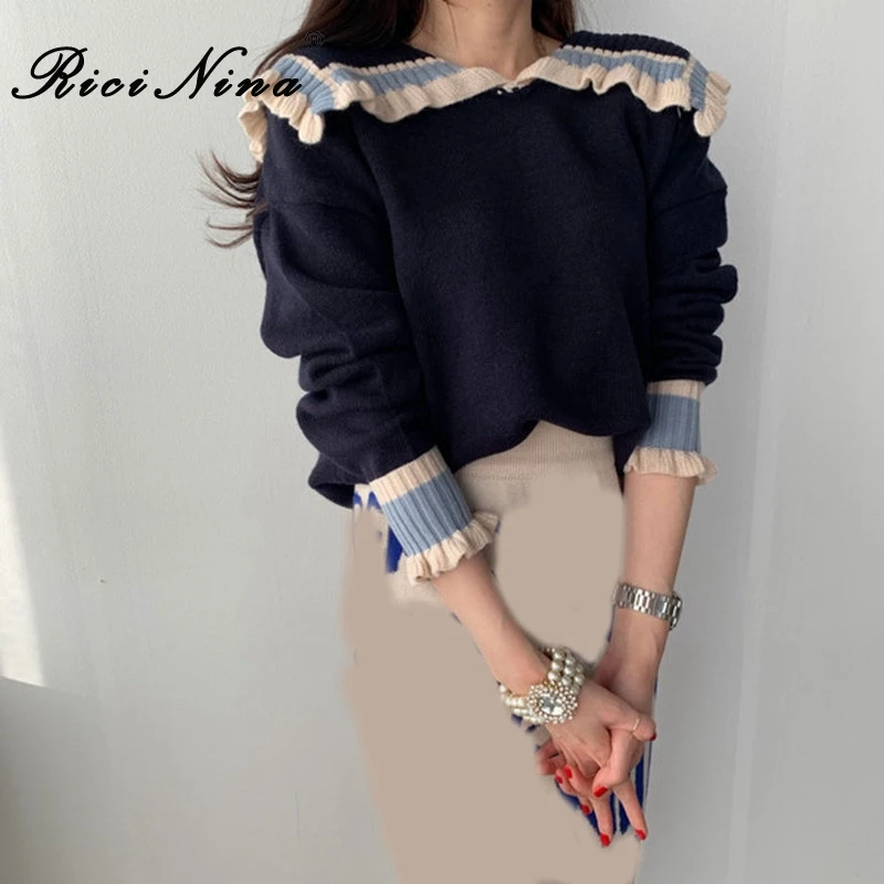 RICININA Knitted Sweater Women Soldier Collar Long Sleeve Ruffles Casual Sweaters Ladies Elegant 2020 Knitting Pullovers | Женская