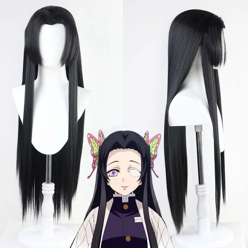 

Demon Slayer Kimetsu No Yaiba Kochou Kanae Black Long Straight Heat Resistant Synthetic Hair Halloween Cosplay + Free Wig Cap