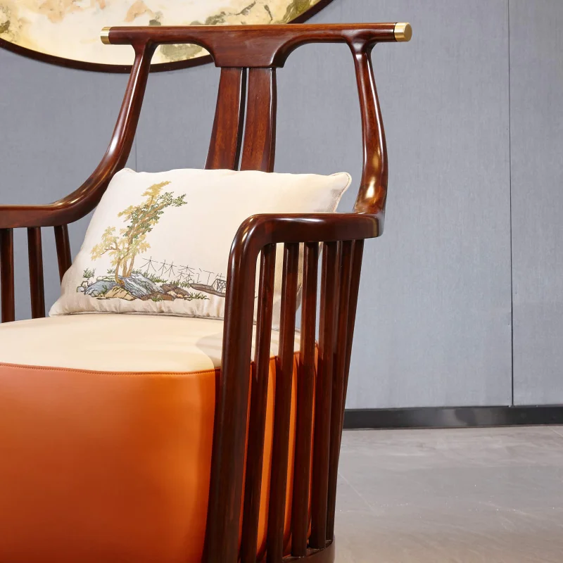 TT Custom New Chinese Genuine Leather Single-Seat Sofa Chair Solid Wood Living Room round-Backed Armchair Bedroom Balcony |
