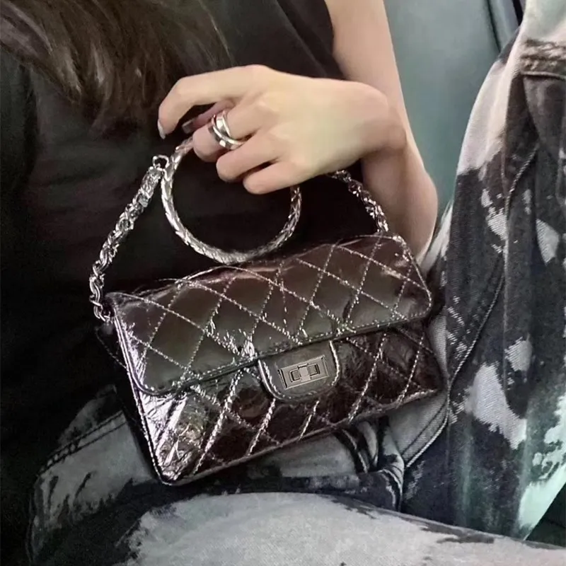 

2020 New Silver Metal Ring Handbag Diamond Lattice Chain Shoulder Messenger Bag High Quality Female Purse and Handbag Sac A Main