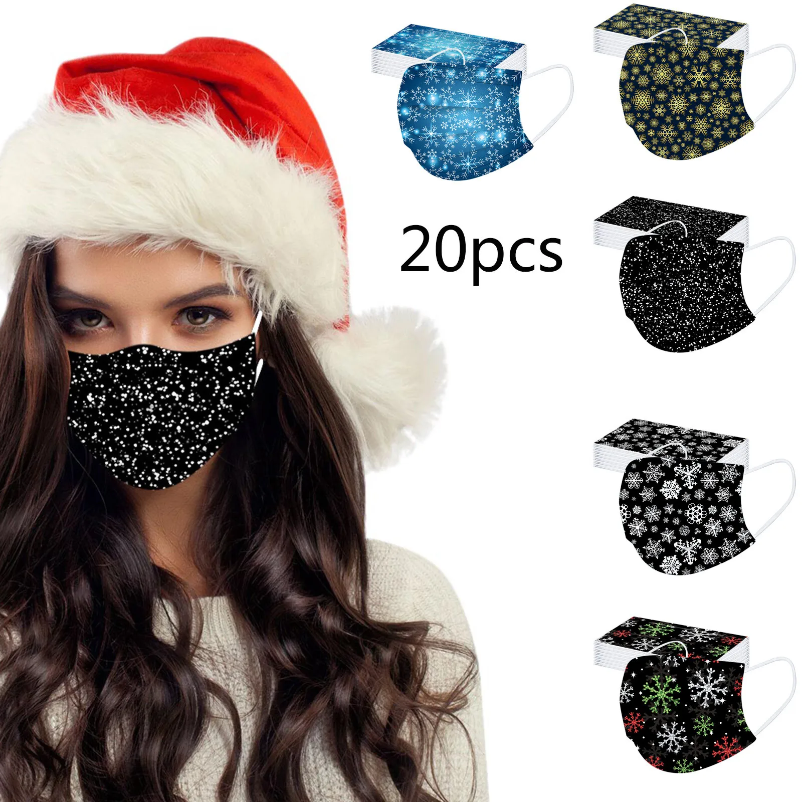 

20 Pcs Multicolor Disposable Adult Christmas Snowflake Print Earloop Masks Non-woven Melt Blown 3-layer Mascarilla Mascarilas