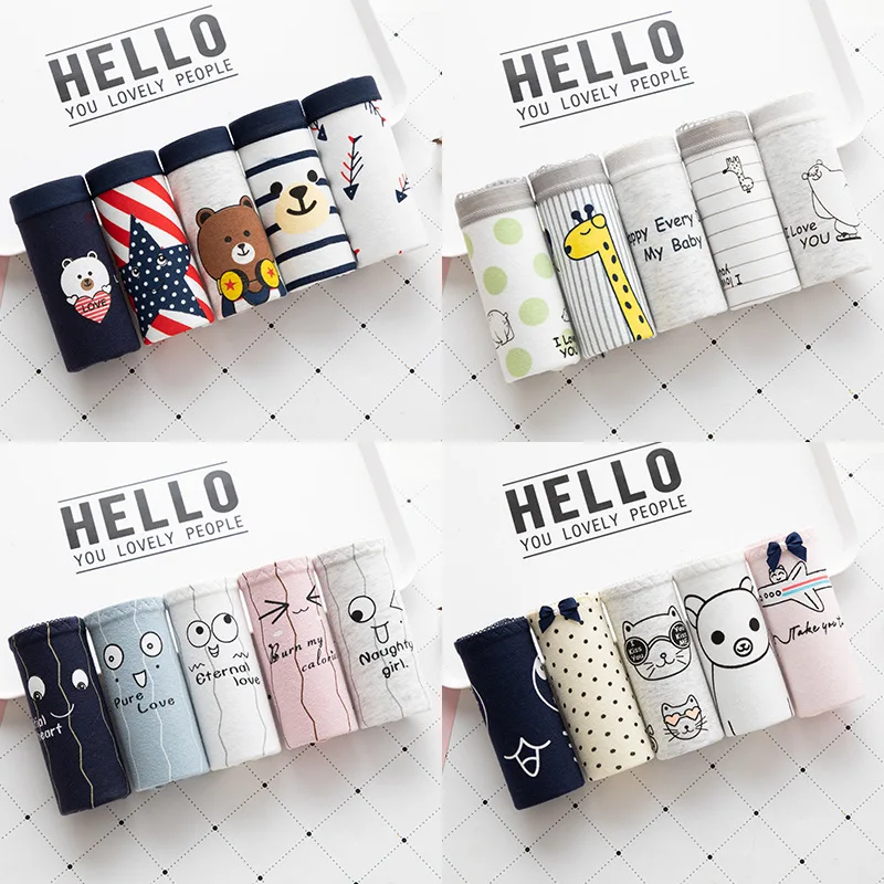 

5 Pieces of Women's Cotton Panties Fashion Cute Cartoon Girl Panties Woman Sexy Breathable Underwear Low Waist Underwear