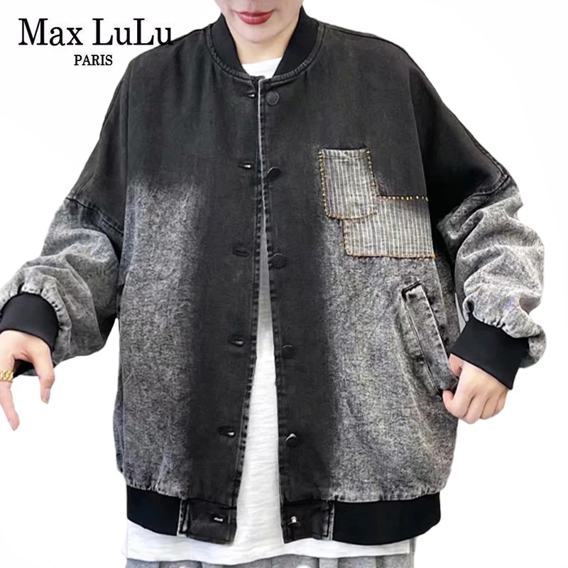 

Max LuLu Autumn Black Denim Casual Jacket Women Striped Patchwork Loose Coat Lady Pockets Vintage Streetwear Harajuku Clothes