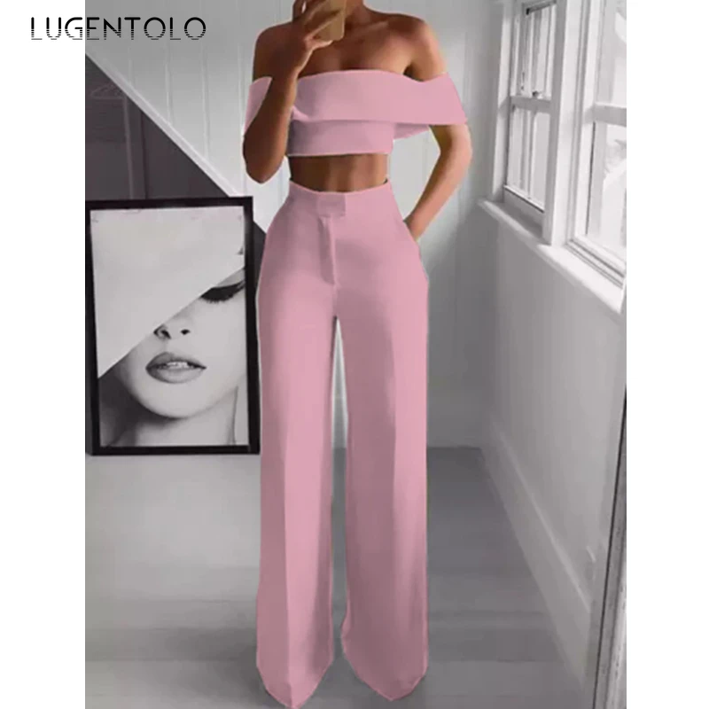 

Sext Two-piece Set Summer Solid Slash Neck Short Tops Sleeveless Elegant Empire Straight Long Pants Ladies Slim Sets Lugentolo