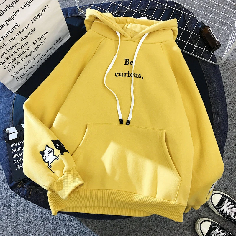 

Fashion Harajuku Cat Printed Long Sleeve Hoodies Women Winter Plush Fleece Hooded Sweatshirt Cute Plus Pullover Tops