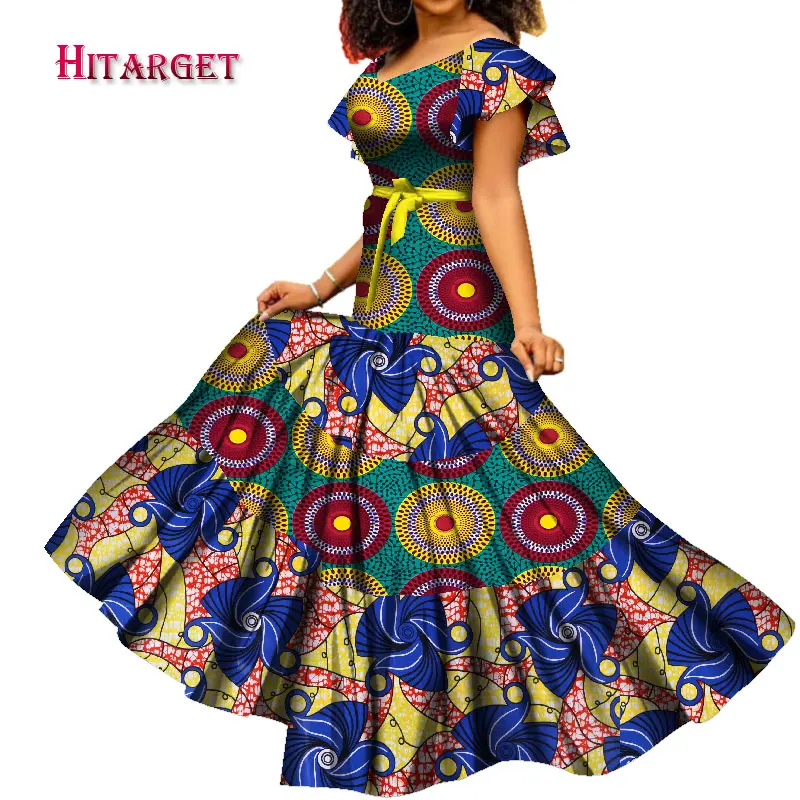 2020 African Clothes Dashiki Low Neck Short Sleeve Long Dress Full Length Skirt Elegant Bazin Riche for Party WY7609