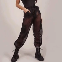 black mesh see through cargo pants women summer hight waist casual loose trousers femme pockets harajuku pantalon 2021