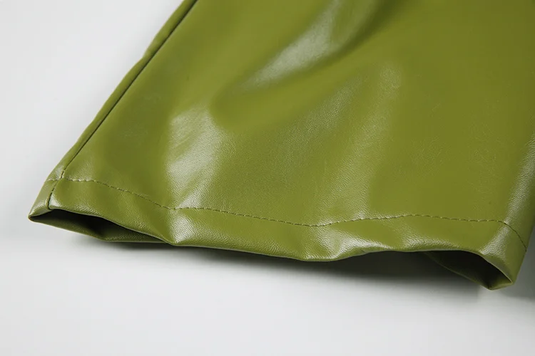 

Green Pu Leather Shorts Women High Waist A-line Wide Legs Thin Loose Bottom