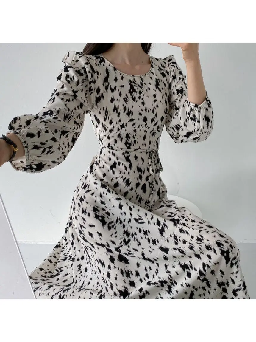 

Spring Summer Women's O-neck Leopard Female A-line Dress Elegant Ladies Long Sleeve Vintage Bandage Dress 2021 Femme Robe