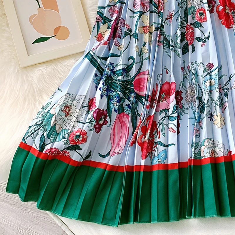 

TIGENA Women Long Pleated Skirt 2021 Summer Vintage Contrast Color Floral Print A Line High Waist Mid-length Skirt Female Ladies